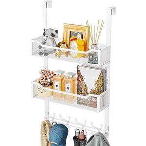 Over The Door Hooks Organizer 16 Hooks 2 Mesh Baskets Towel Coat Clothes Rack